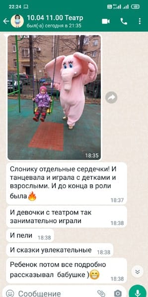 Отзыв аниматор Розовый Слон и кукольный театр на день рождения девочки 3 года 10/04/2022