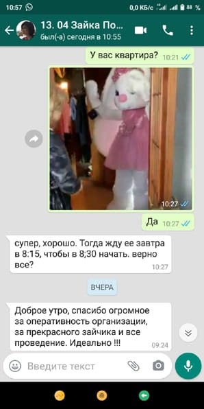 Отзыв поздравление с днем рождения аниматором в костюме Зайки 13/04/2021