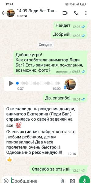 Отзыв на работу аниматора Леди Баг на дне рождения девочки 14/09/2024