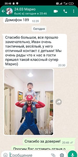 Отзыв на аниматора Марио на день рождения ребенка 24/03/2024