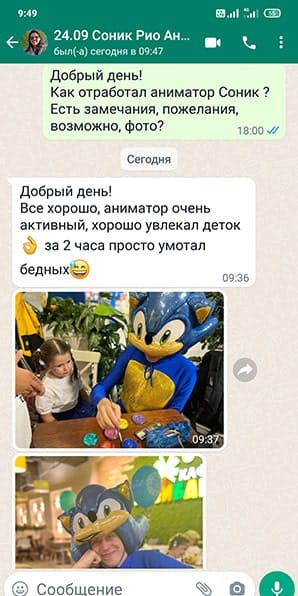 Отзыв на аниматора Ежик Соник на день рождения мальчика 24/09/2022