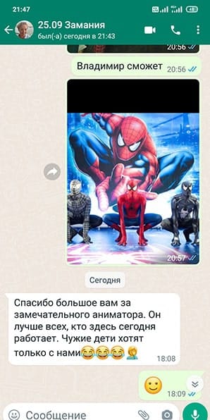 Отзыв на аниматора Спайдермена на день рождения мальчика 25/09/2022