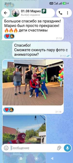 Отзыв на аниматора Марио с дня рождения мальчика 01/08/2026 г.
